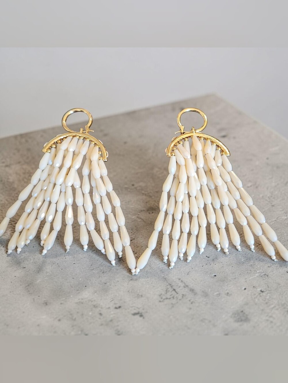 Sassified. Boutiuque Nwt Gold and Cream Beaded Fringe Statement Earrings